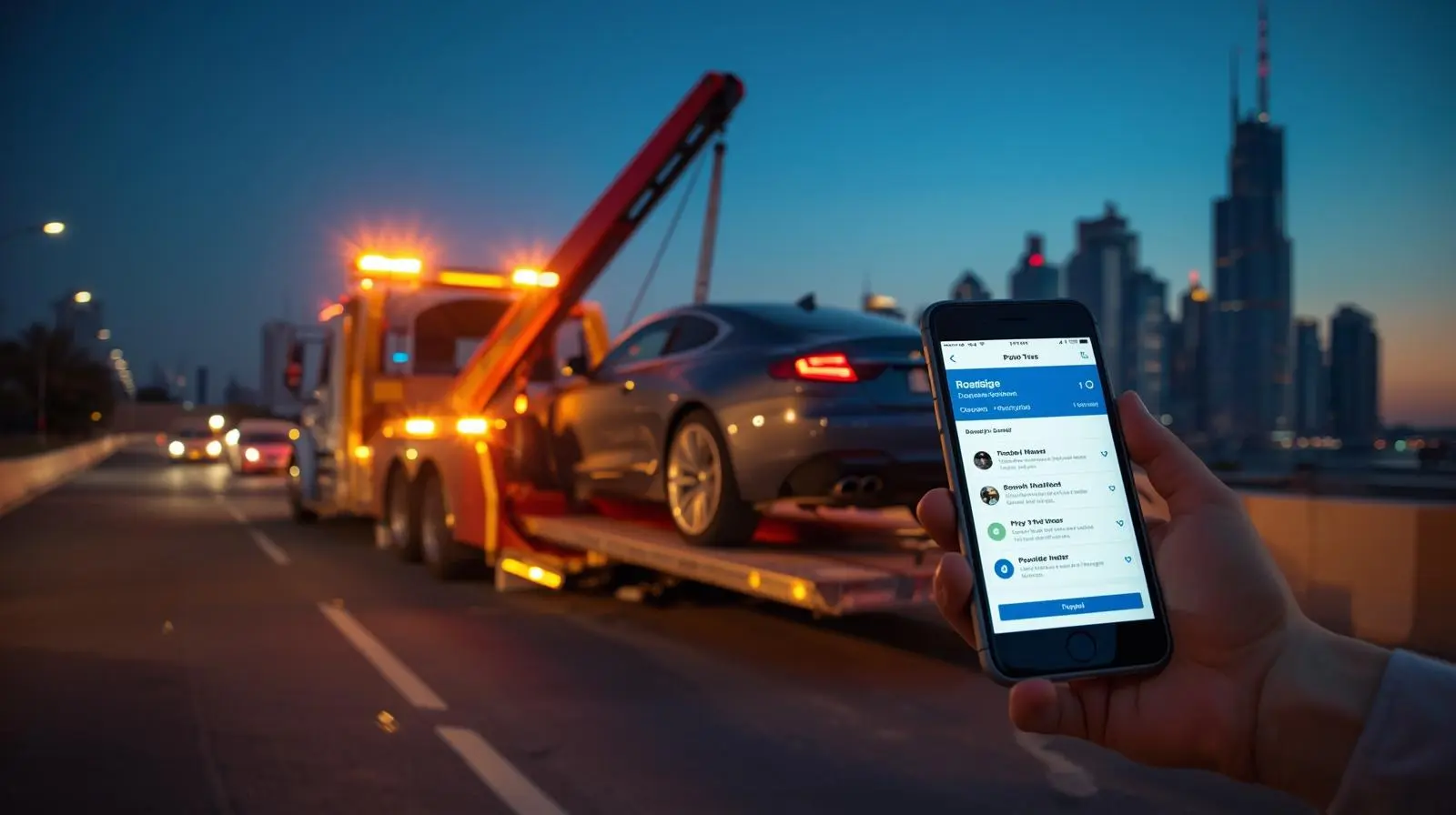 A towing truck assisting a stranded car on a Dubai roadside