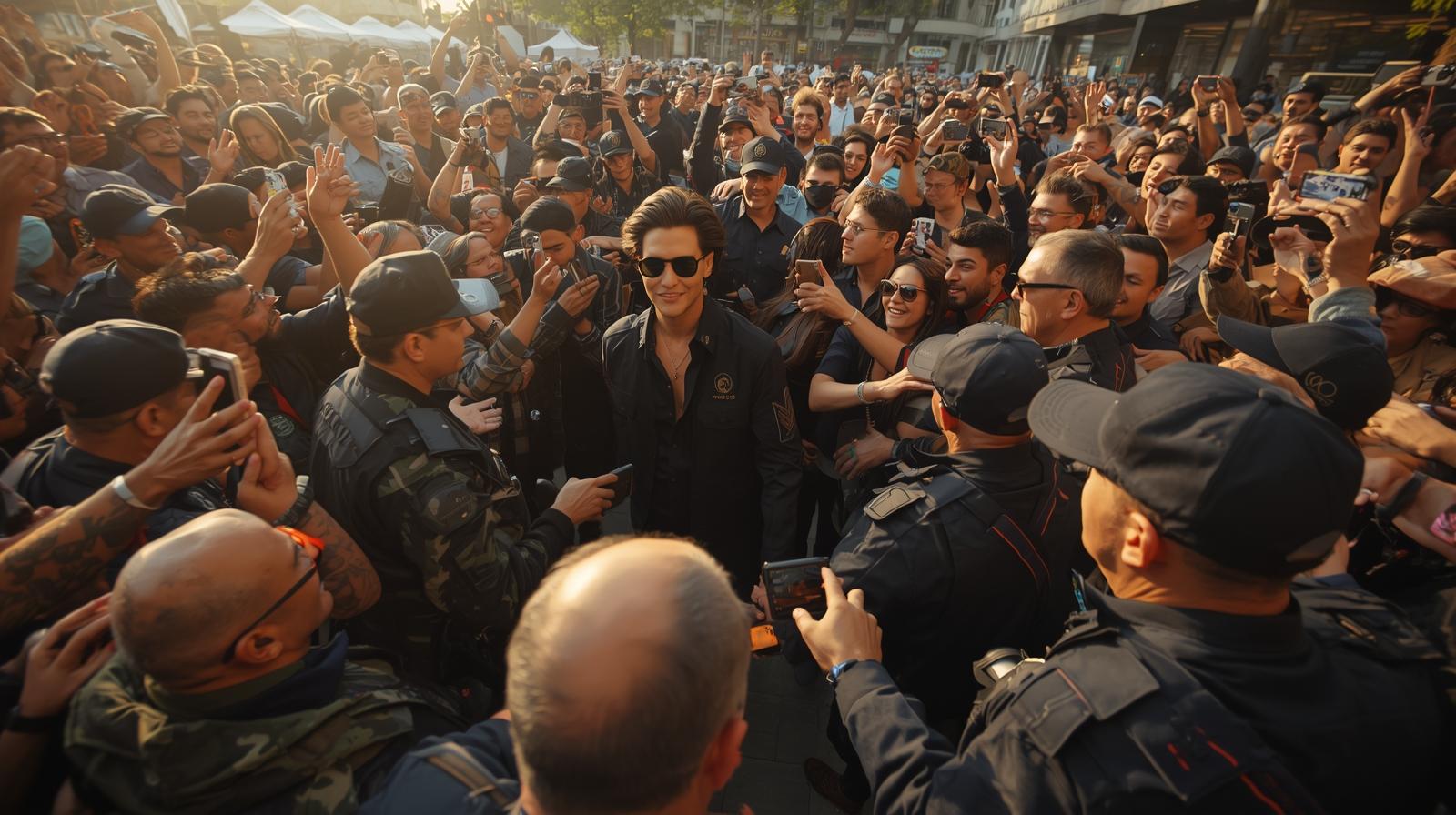 Popular celebrity walking through a crowd at a mall or outdoor plaza, security nearby, fans gathered tightly to catch a glimpse, waving and cheering, some reaching out for selfies, warm golden-hour lighting, lively public vibe, ultra-realistic wide-angle shot.