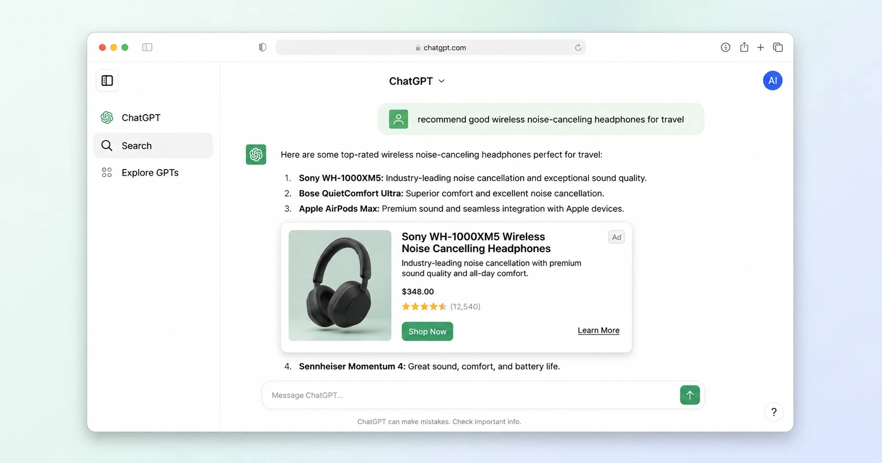advertisement showing a ChatGPT search results screen with a product ad placement, featuring the. Use a clean, modern design that visually demonstrates how ads appear within ChatGPT search